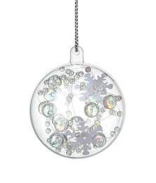 Photo of Decorative snow globe hanging on white background