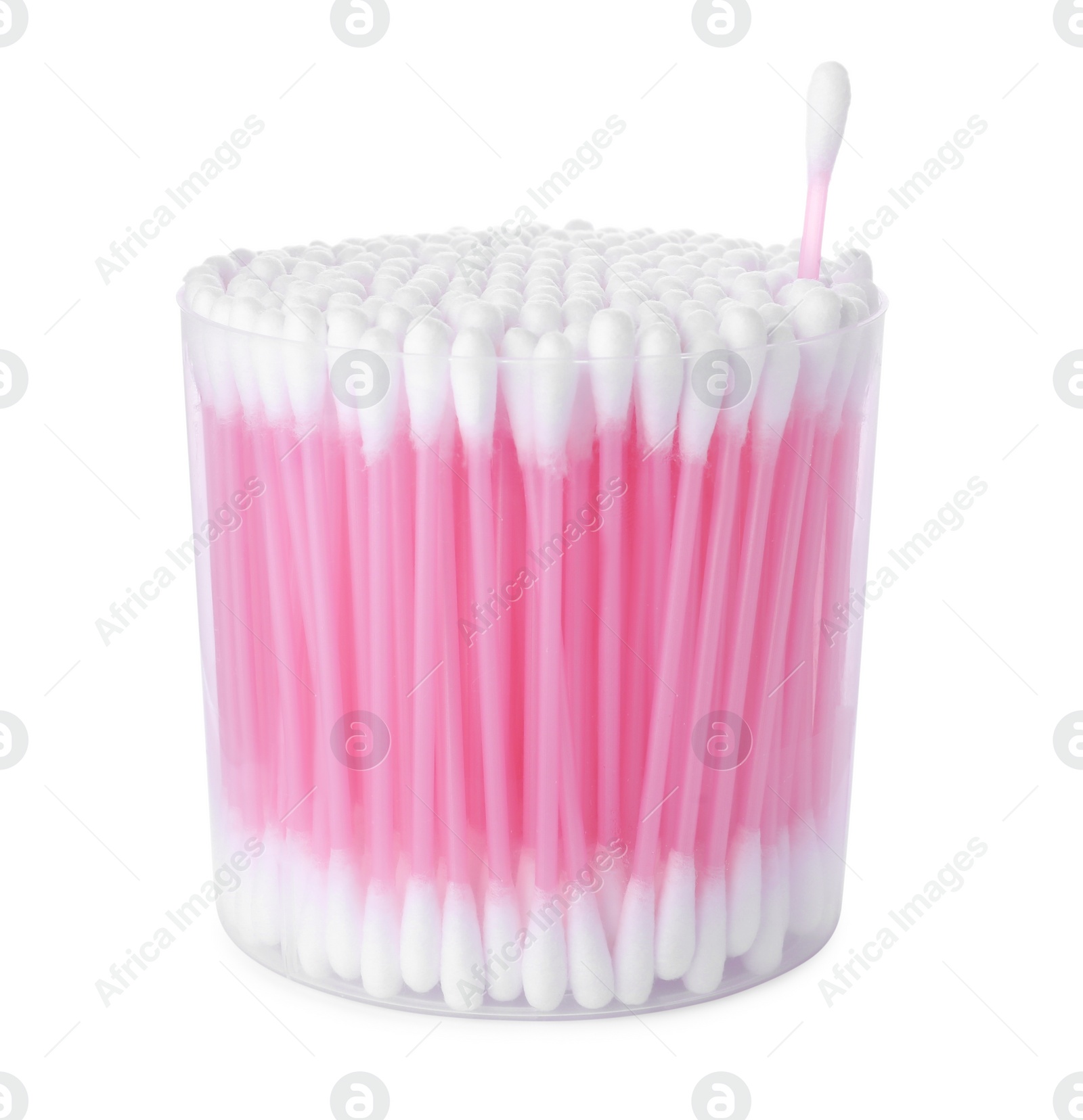 Photo of Cotton buds in plastic container isolated on white