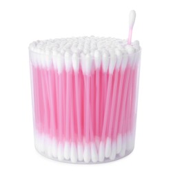 Photo of Cotton buds in plastic container isolated on white