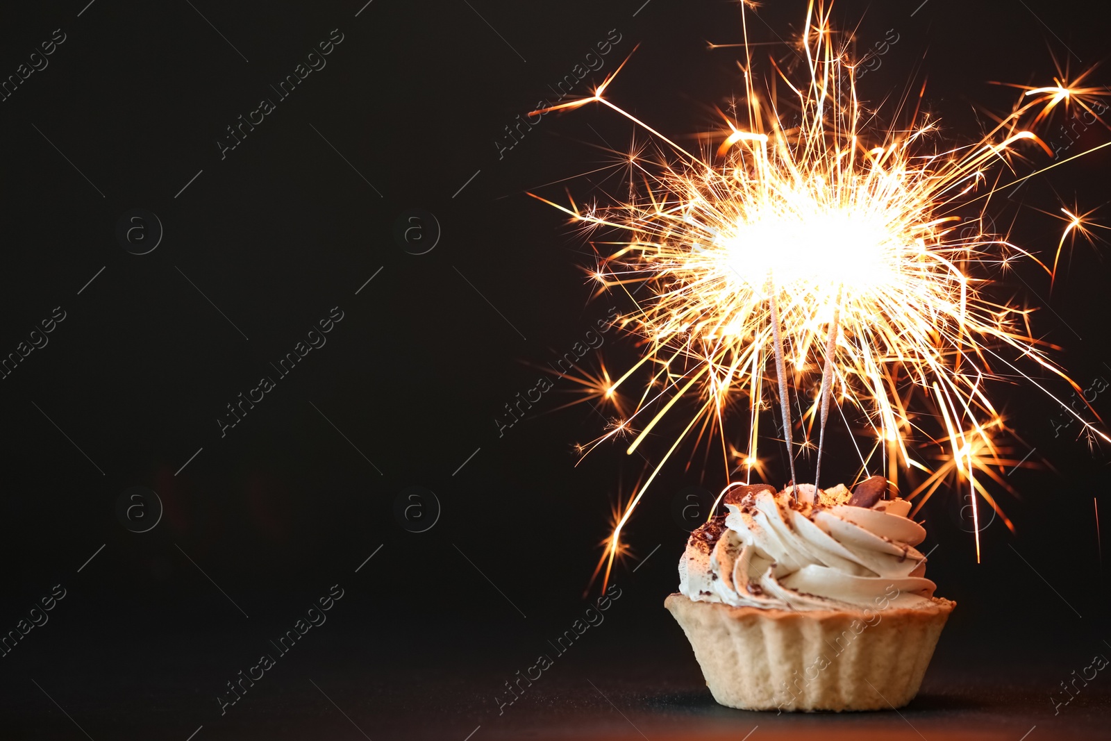 Photo of Cupcake with burning sparklers on black background. Space for text