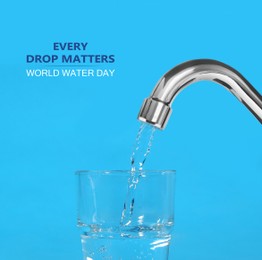 Every drop matters. Filling glass with water from tap on turquoise background