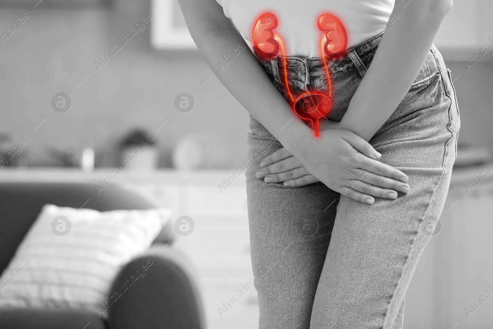 Image of Woman suffering from cystitis at home, closeup. Illustration of urinary system