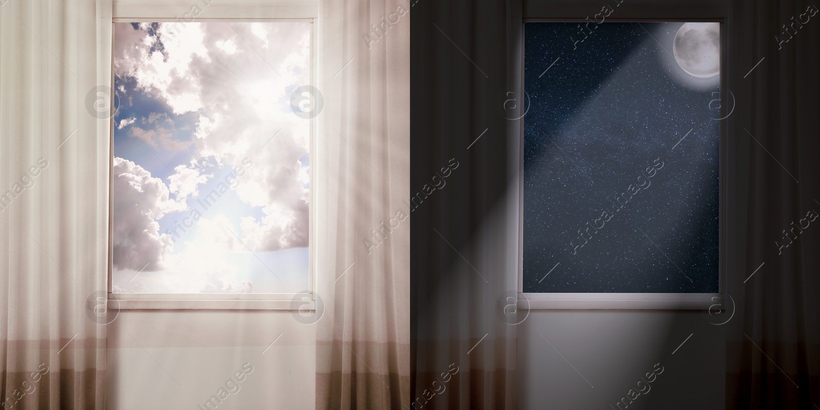 Image of Beautiful view of sky through windows in day and night, collage