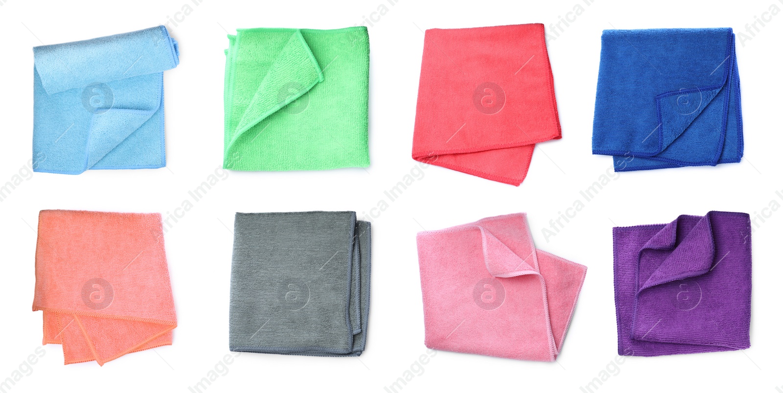 Image of Set with color microfiber cloths on white background, top view. Banner design