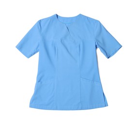 Photo of Blue medical uniform isolated on white, top view