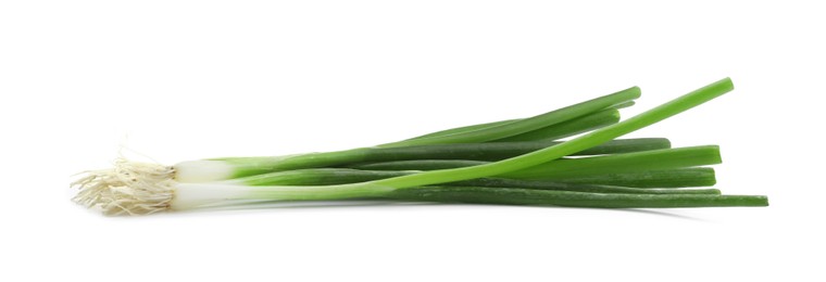 Fresh green spring onions on white background