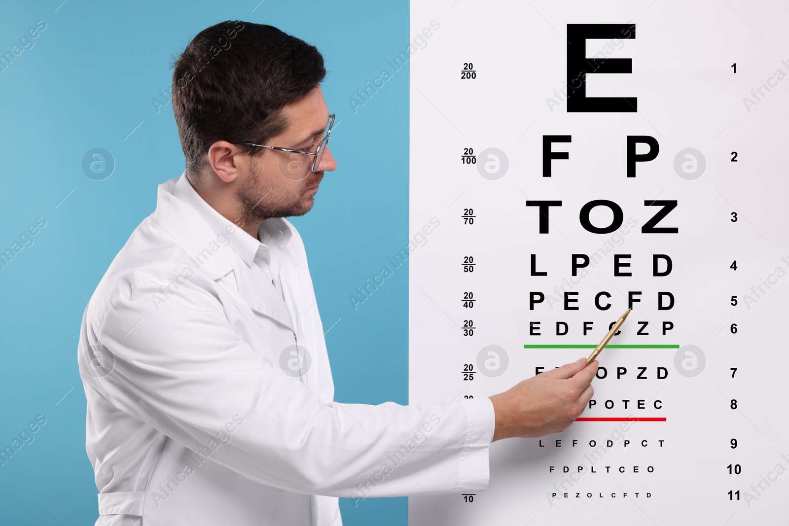 Image of Ophthalmologist pointing at vision test chart on light blue background