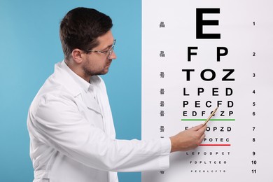 Ophthalmologist pointing at vision test chart on light blue background