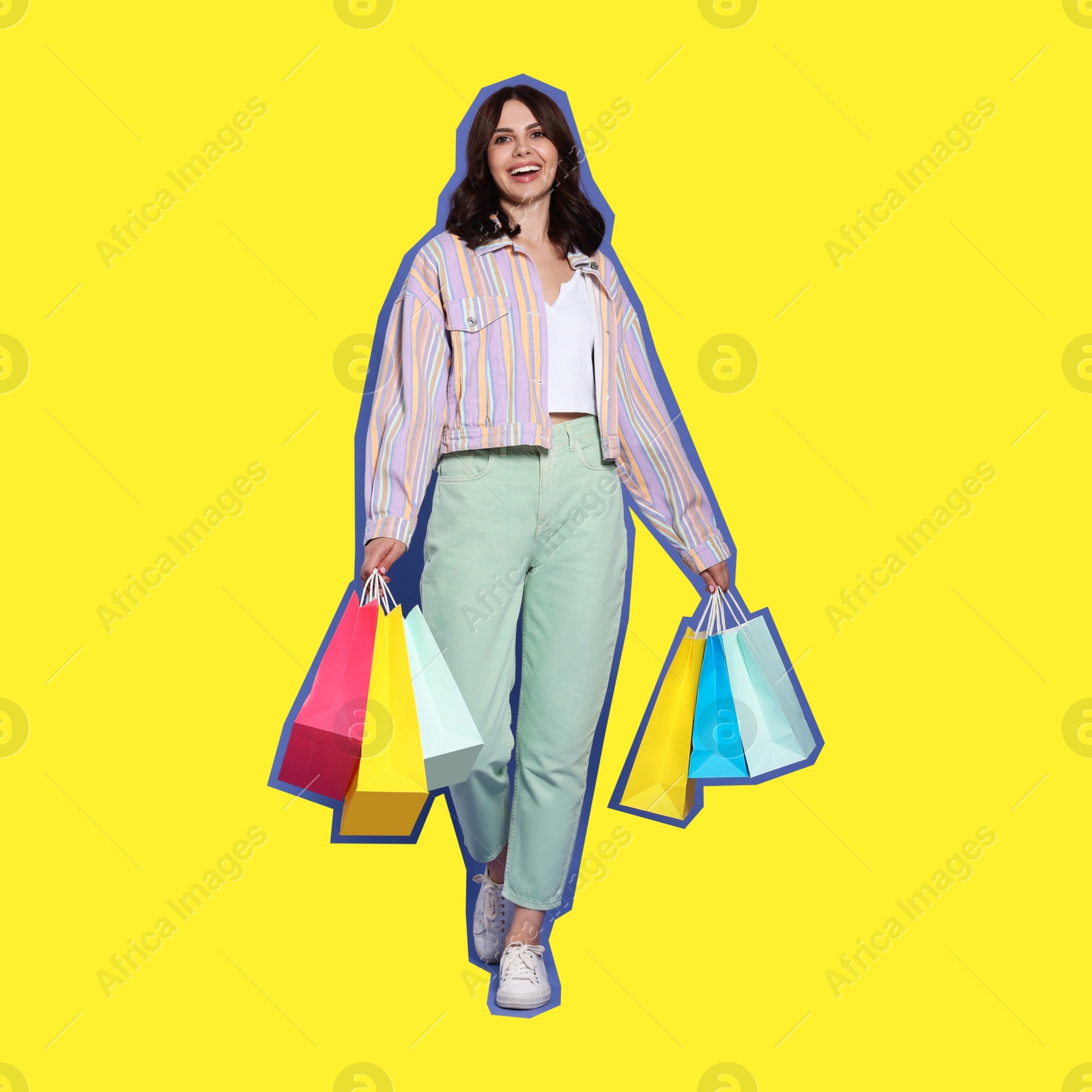 Image of Pop art poster. Beautiful young woman with paper shopping bags on yellow background