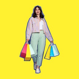 Pop art poster. Beautiful young woman with paper shopping bags on yellow background