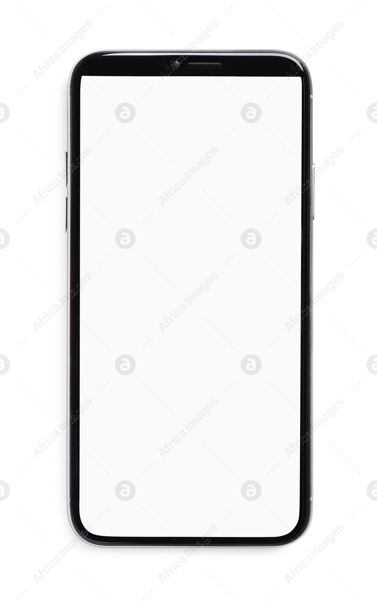 Photo of Stylish smartphone with blank screen isolated on white, top view. Mockup for design