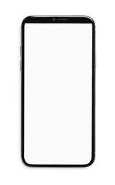 Stylish smartphone with blank screen isolated on white, top view. Mockup for design