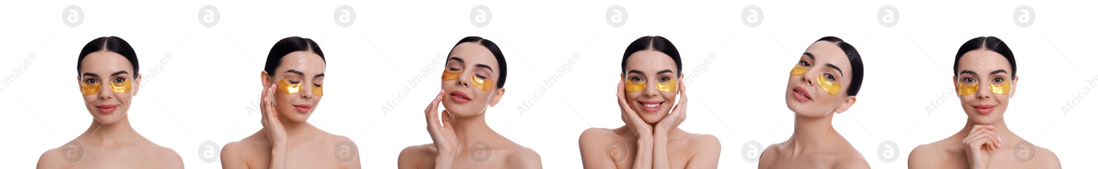 Image of Collage of beautiful woman with cosmetic under eye patches on white background. Banner design