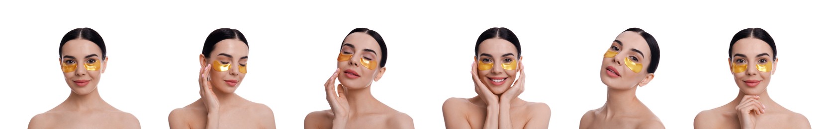 Collage of beautiful woman with cosmetic under eye patches on white background. Banner design