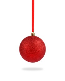 Image of Beautiful red Christmas ball hanging on white background