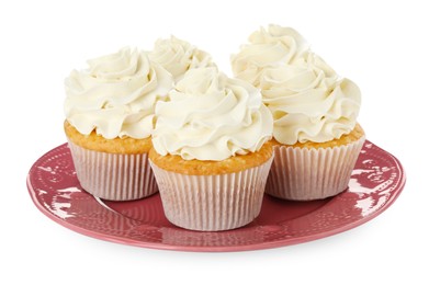 Photo of Tasty vanilla cupcakes with cream isolated on white