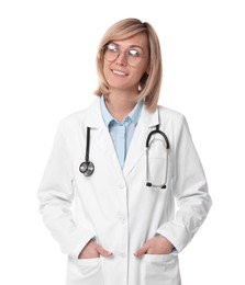 Smiling doctor in uniform on white background