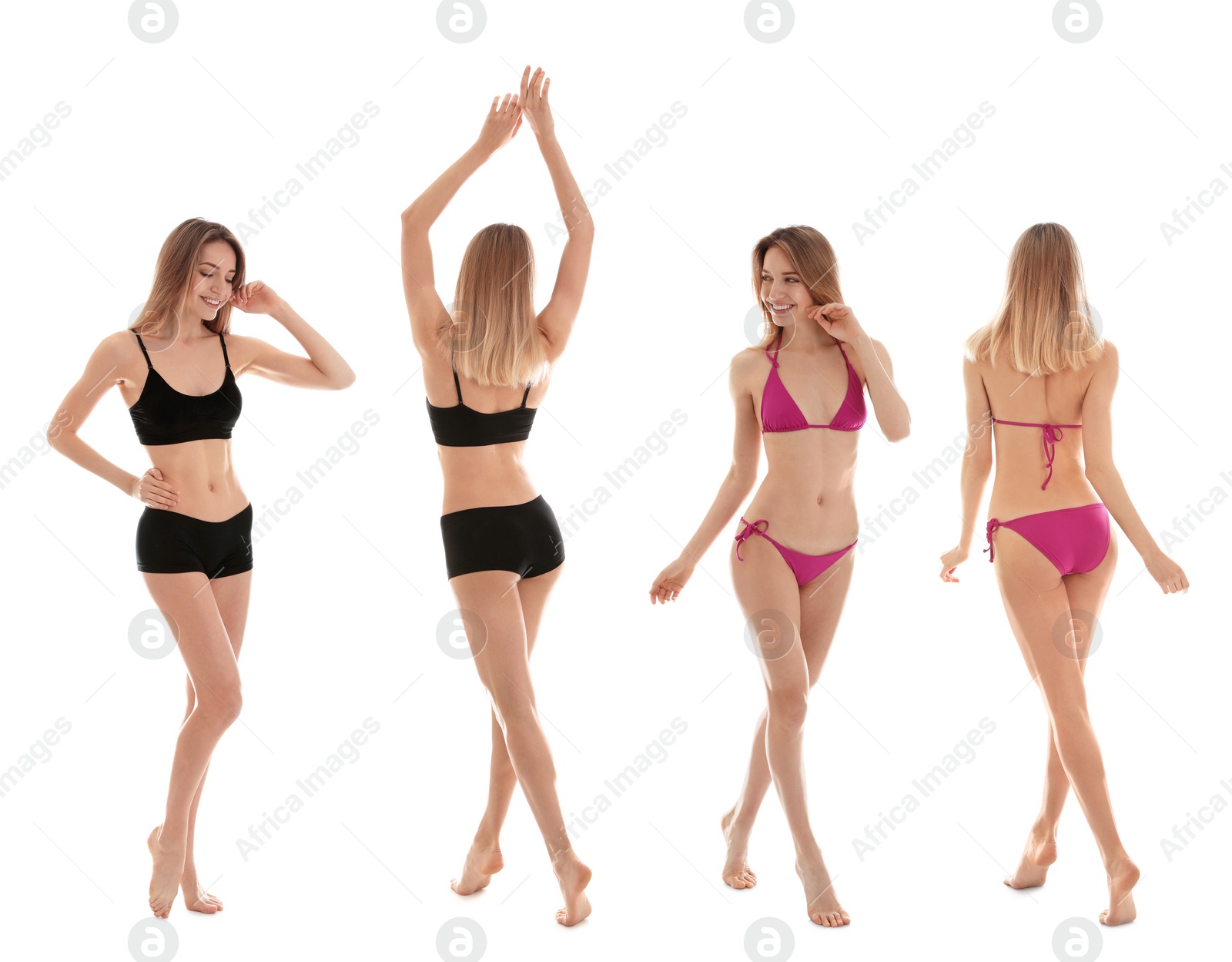 Image of Collage with photos of young woman in bikini on white background. Beauty and body care