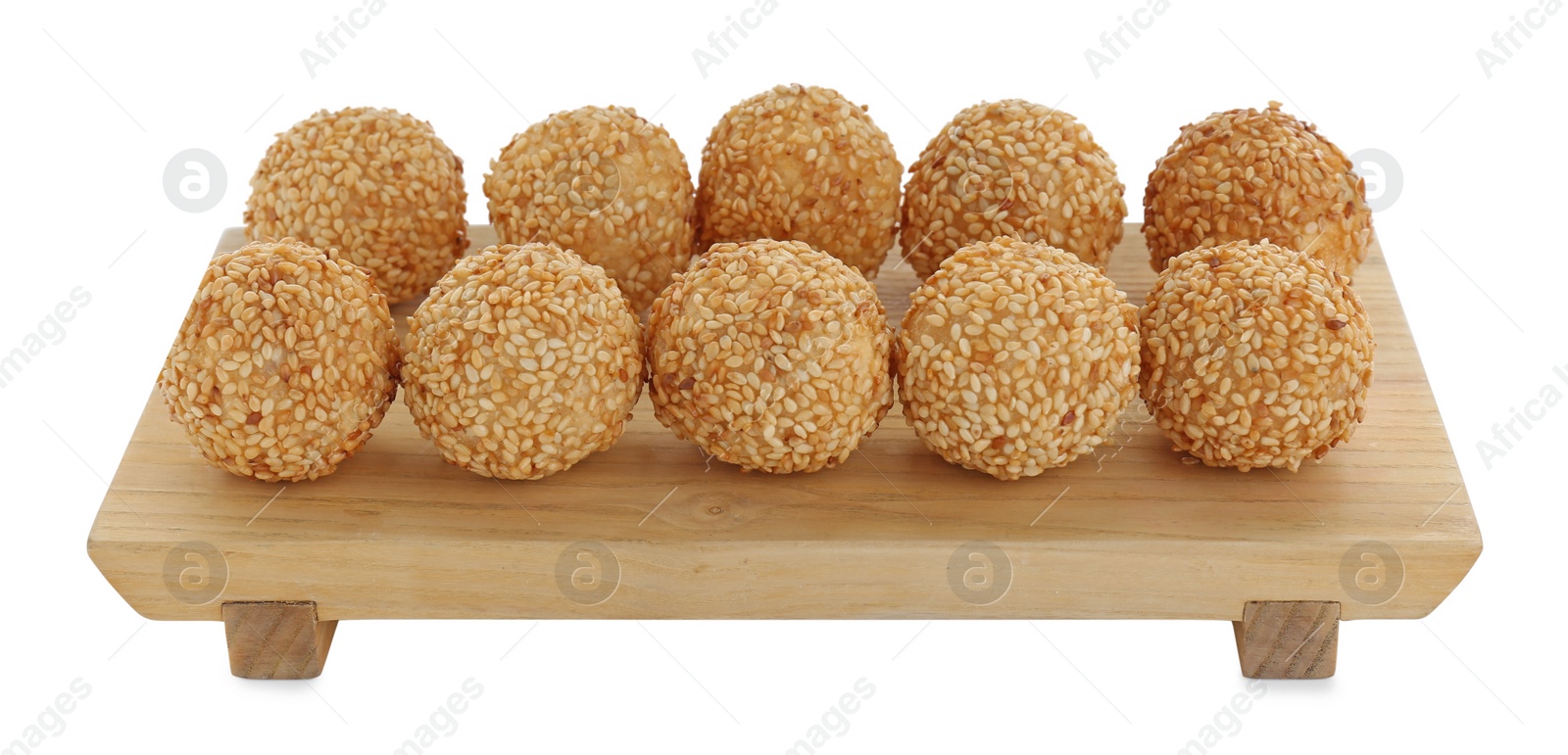 Photo of Many delicious sesame balls on white background