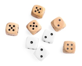 Photo of Many dices isolated on white, top view