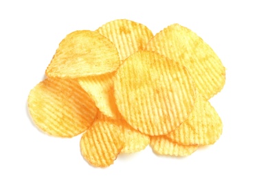 Tasty ridged potato chips on white background