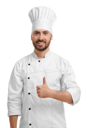 Smiling mature male chef showing thumbs up on white background