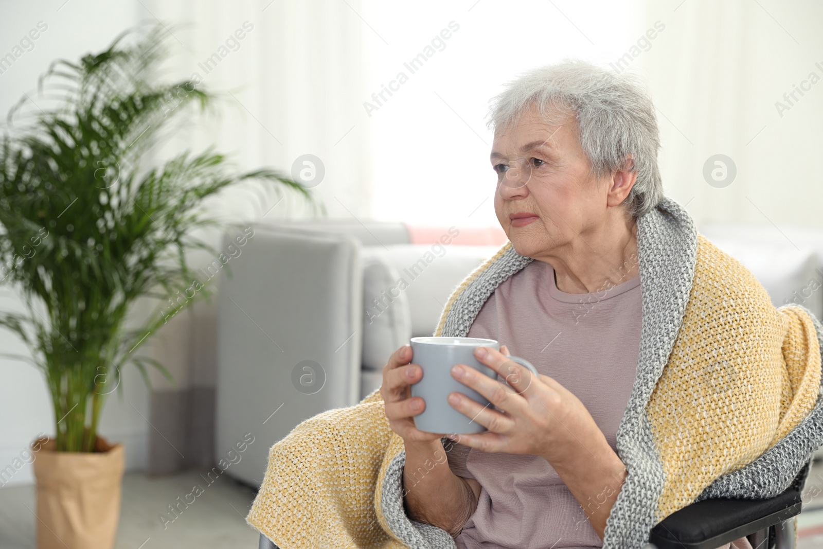 Photo of Elderly woman covered with blanket drinking tea at nursing home, space for text. Assisting senior people