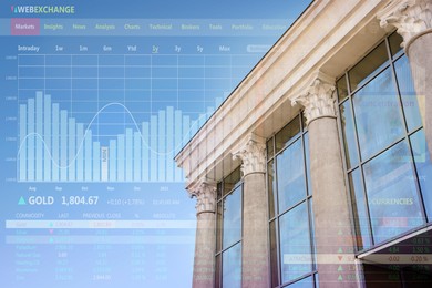 Image of Double exposure of online trading platform and building. Stock exchange