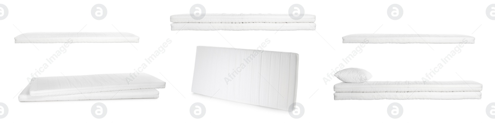 Image of Set with new comfortable mattresses on white background. Banner design