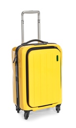 Photo of Bright yellow suitcase on white background