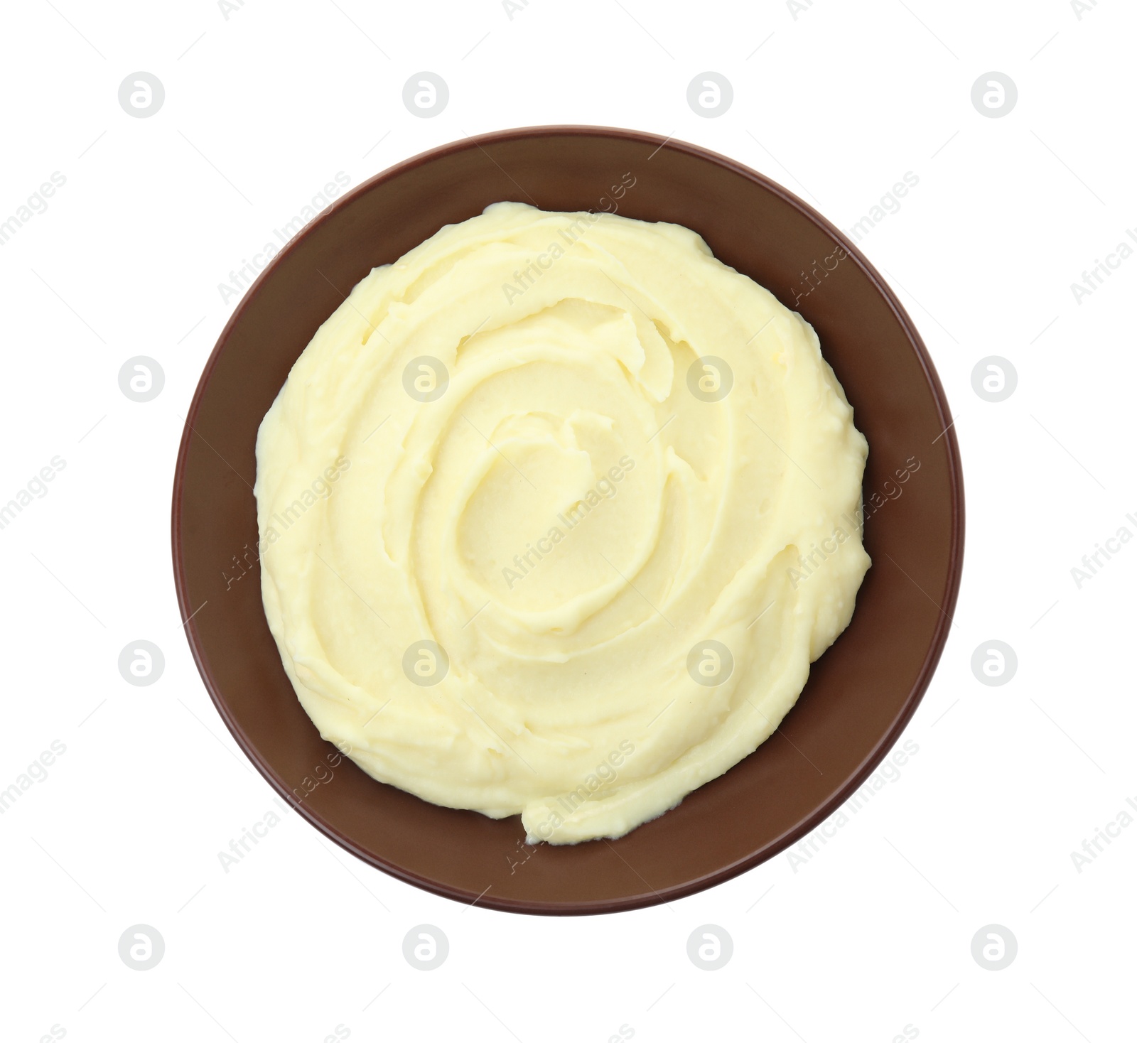 Photo of Plate with freshly cooked homemade mashed potatoes isolated on white, top view