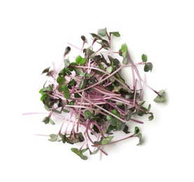 Heap of fresh organic microgreen on white background, top view