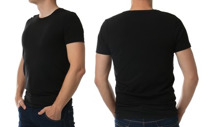 Image of Closeup view of man in black t-shirt on white background, collage. Space for design