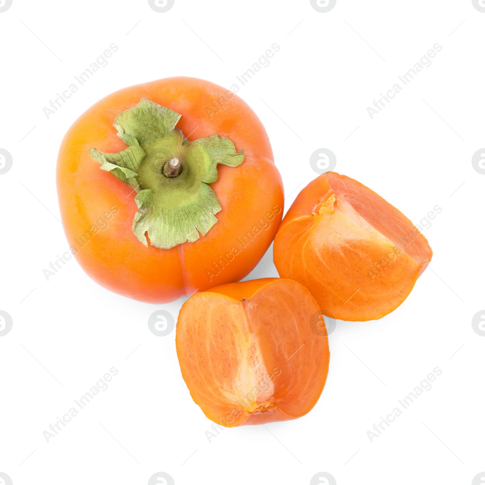 Photo of Whole and cut delicious ripe juicy persimmons on white background, top view