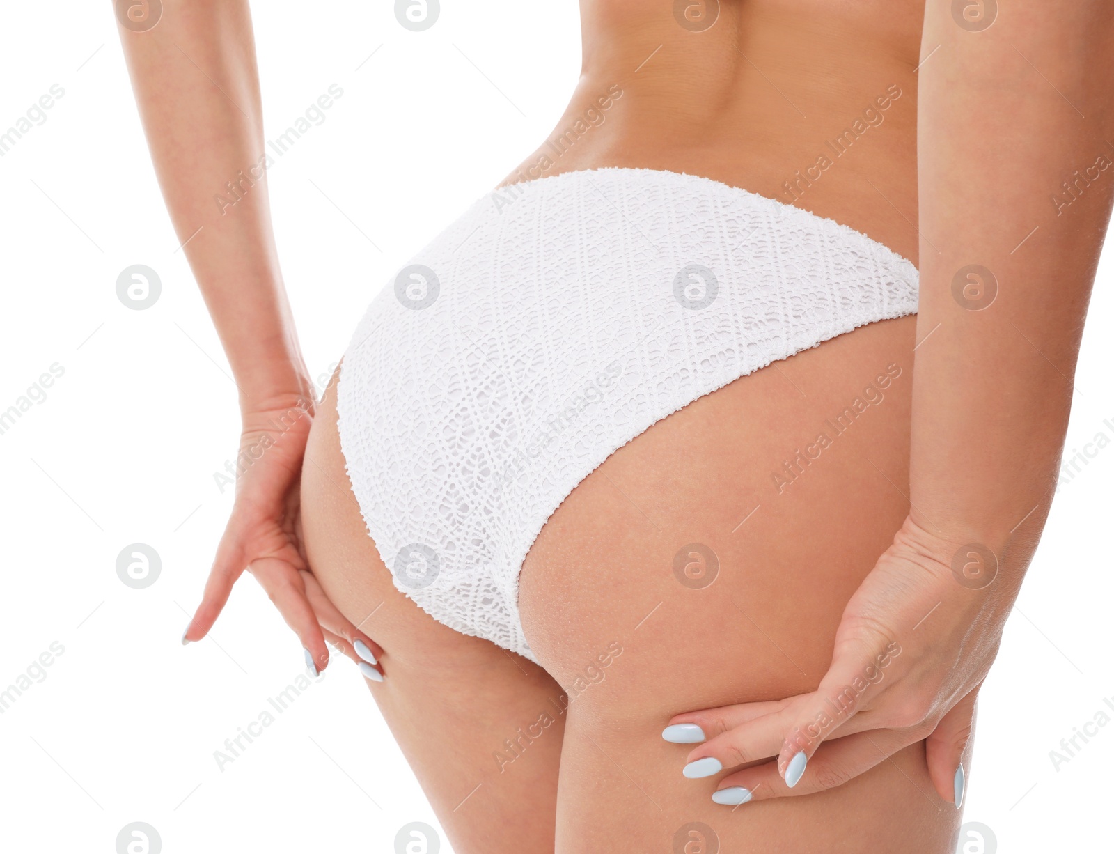 Photo of Sexy young woman wearing stylish bikini on white background, closeup view