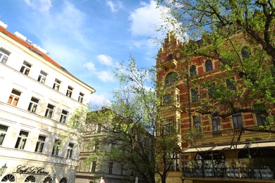 PRAGUE, CZECH REPUBLIC - APRIL 25, 2019: City street with beautiful buildings