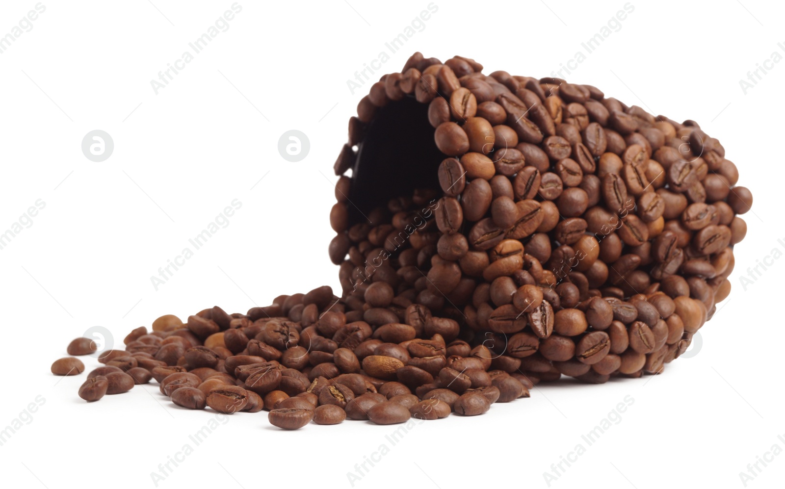 Photo of Cup of drink, composition made with coffee beans isolated on white