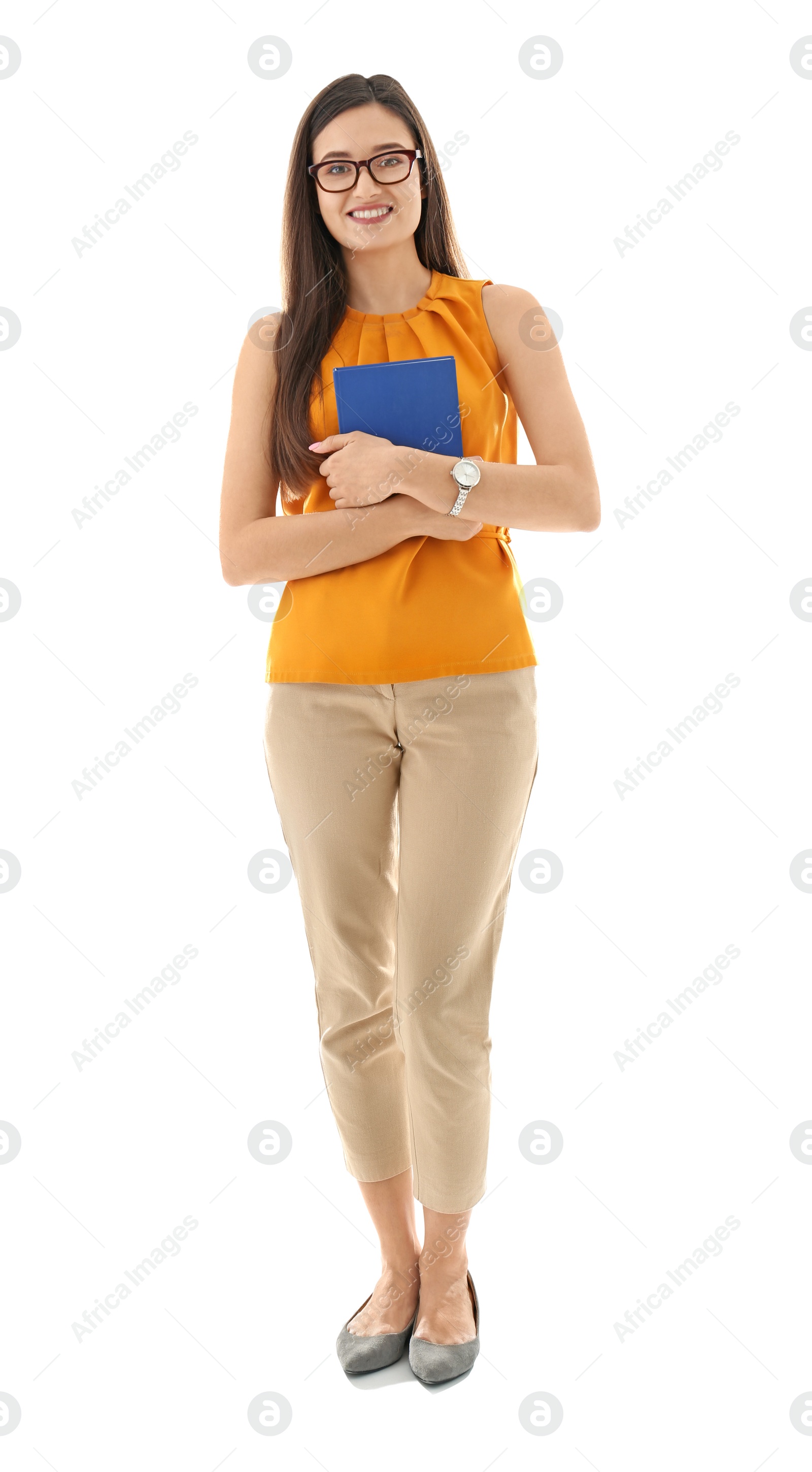 Photo of Female teacher with book on white background