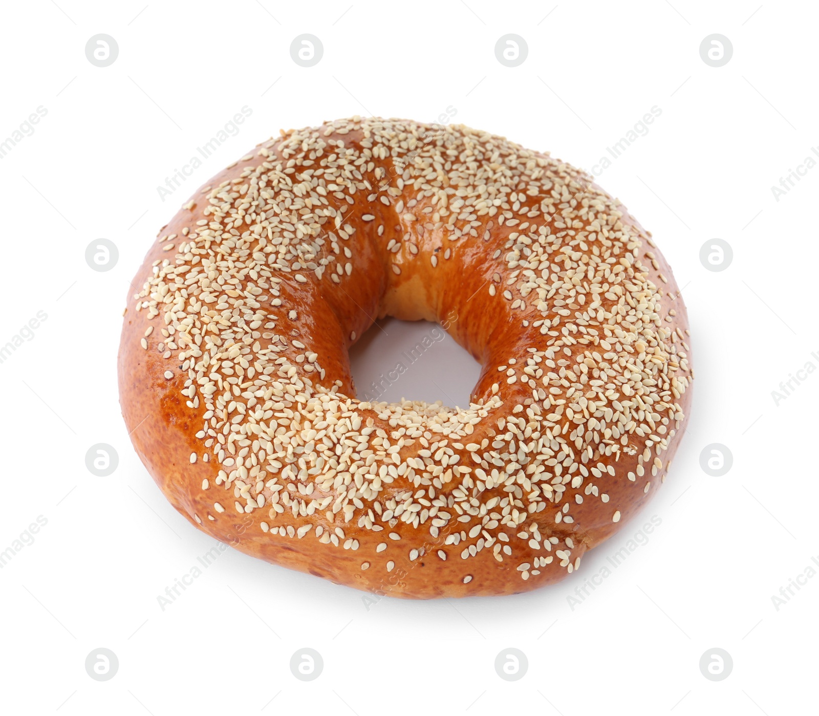 Photo of Delicious fresh bagel with sesame seeds isolated on white