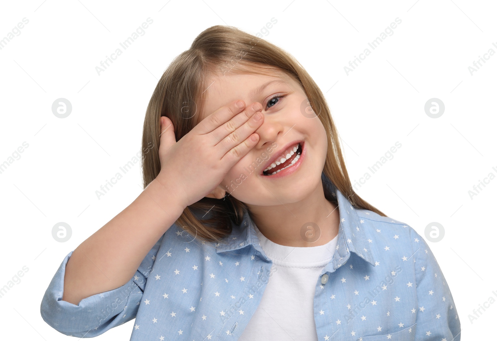 Photo of Little girl covering her eye on white background