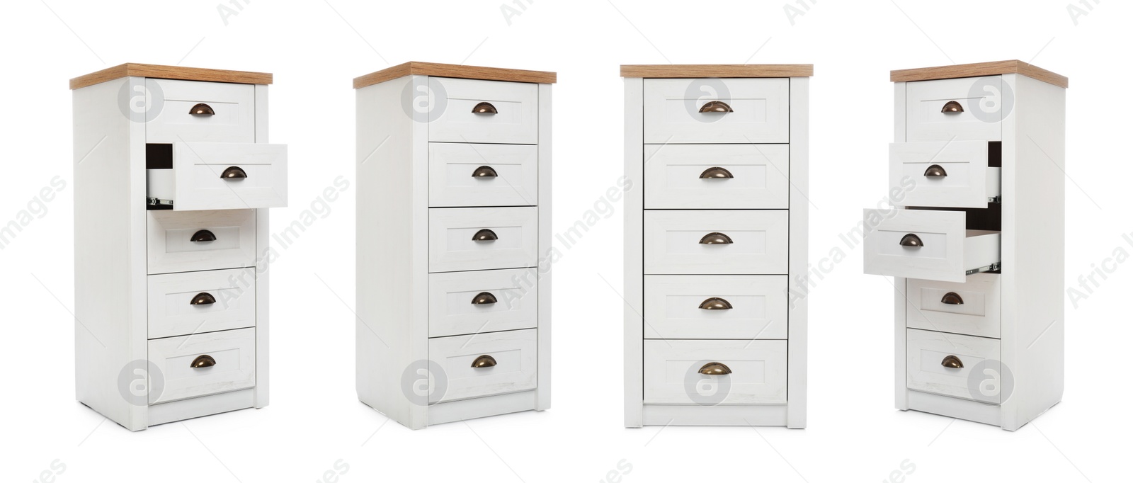 Image of Collage with chests of drawers on white background. Banner design