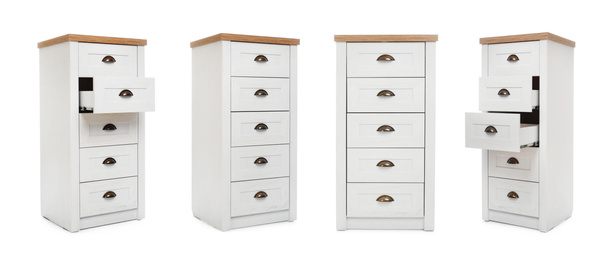 Image of Collage with chests of drawers on white background. Banner design