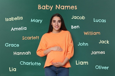 Image of Pregnant woman choosing name for her child. Future mother near green chalkboard with different names