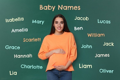 Pregnant woman choosing name for her child. Future mother near green chalkboard with different names