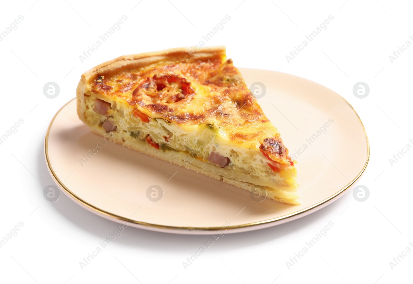 Photo of Piece of delicious homemade vegetable quiche isolated on white