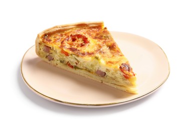 Piece of delicious homemade vegetable quiche isolated on white