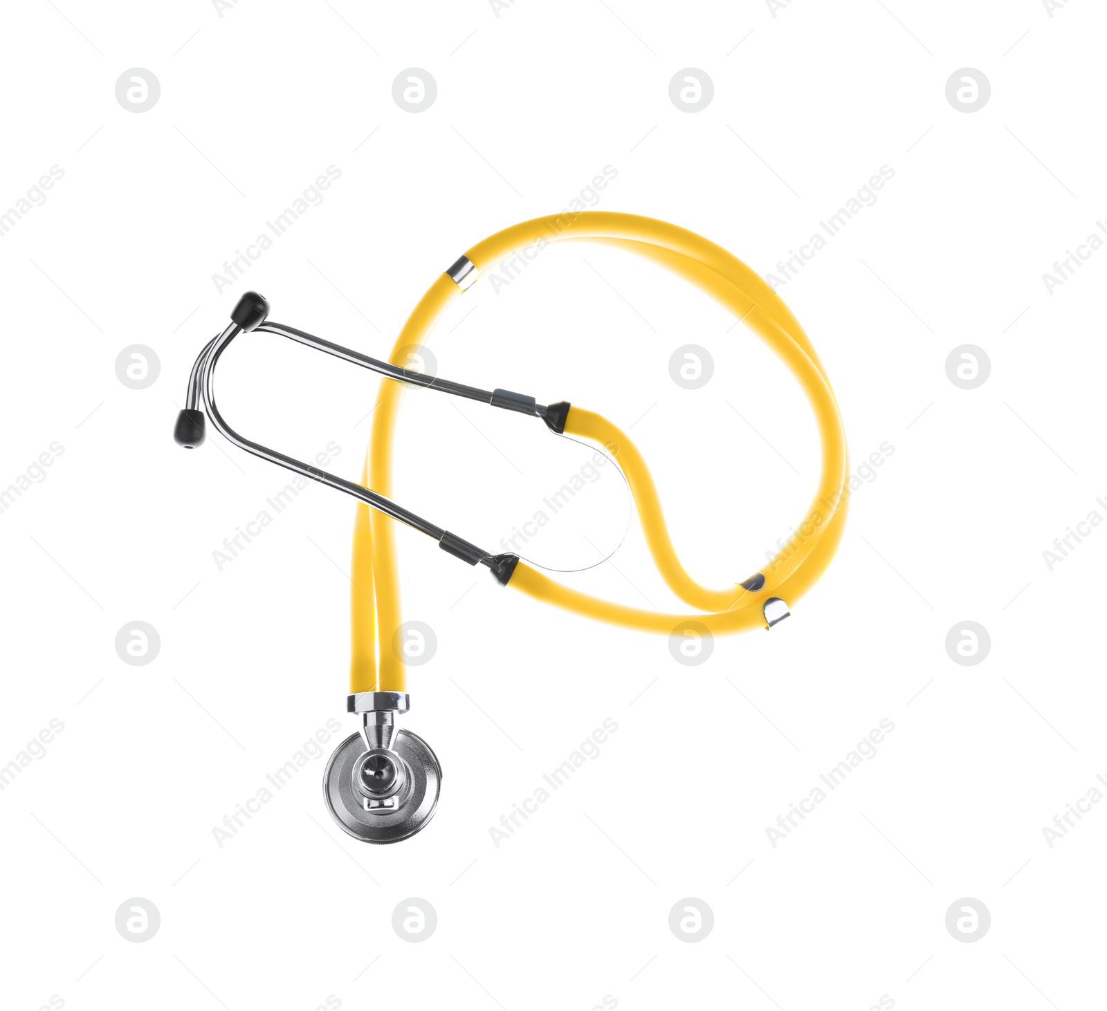 Photo of Stethoscope on white background, top view. Medical device