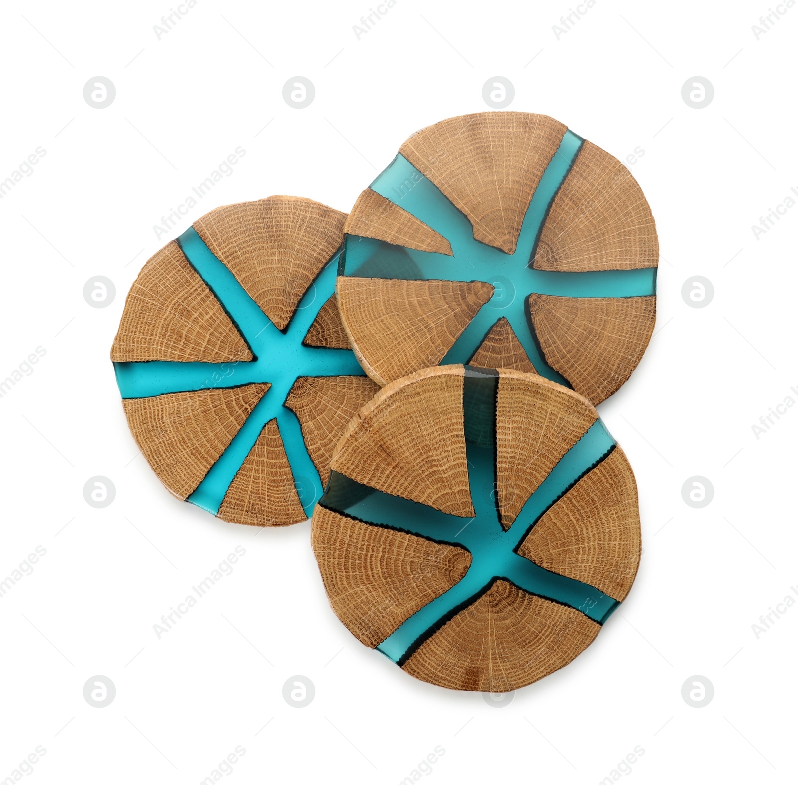 Photo of Wooden cup coasters on white background, top view