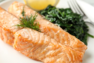 Photo of Closeup view of tasty salmon and spinach