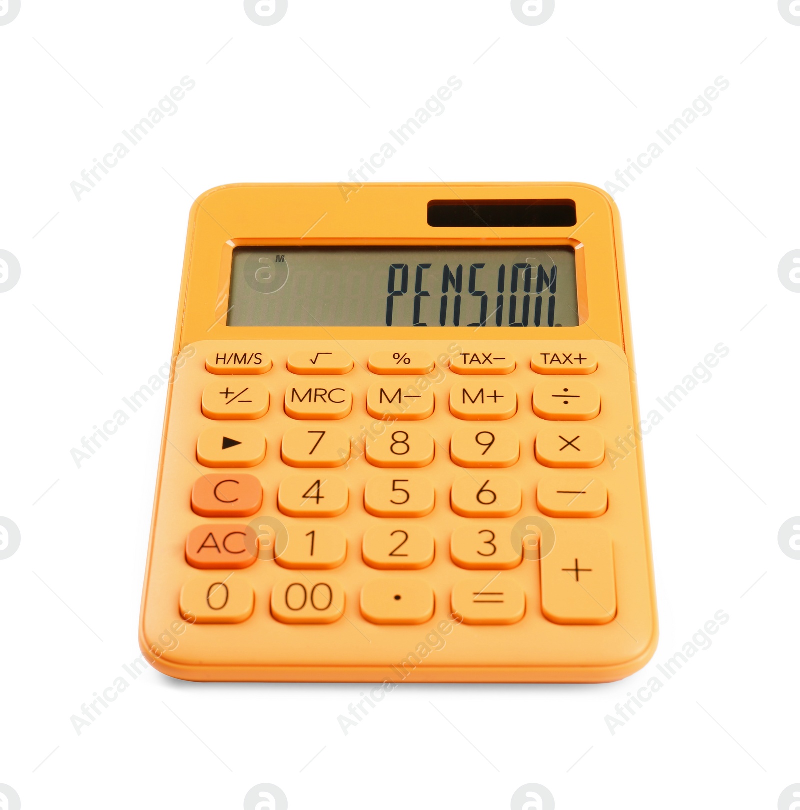 Photo of Orange calculator isolated on white. Office stationery